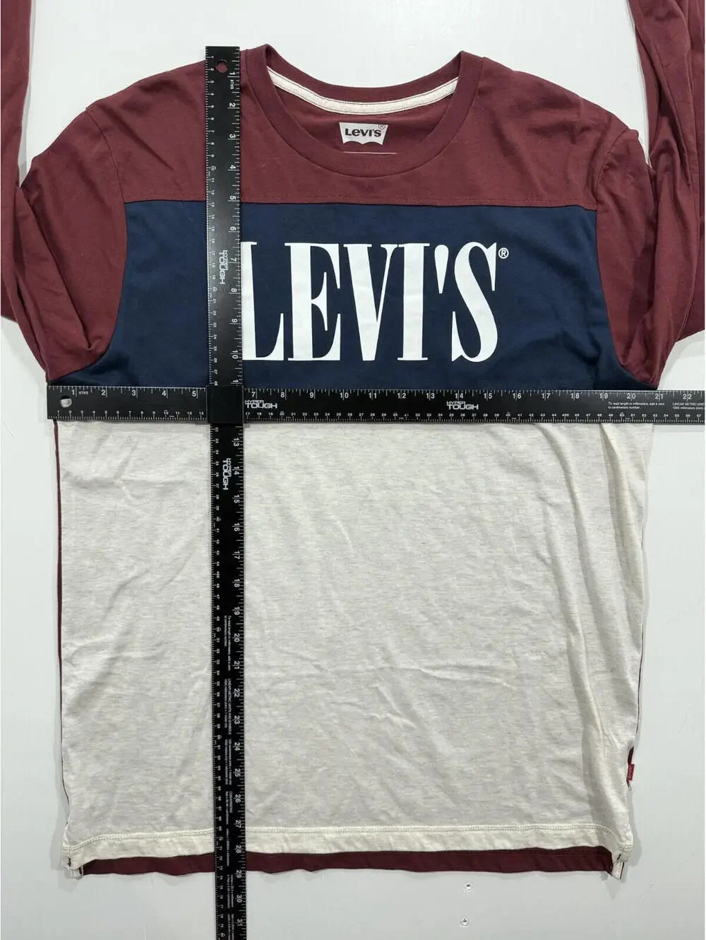 Levi’s Shirt Mens Large Burgundy Navy Colorblock Long Sleeve Logo Crewneck Tee